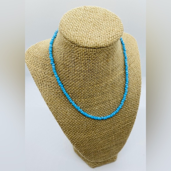 Solid Blue Beaded Choker Necklace Boho Classic Southwestern Coastal Preppy - Picture 2 of 6